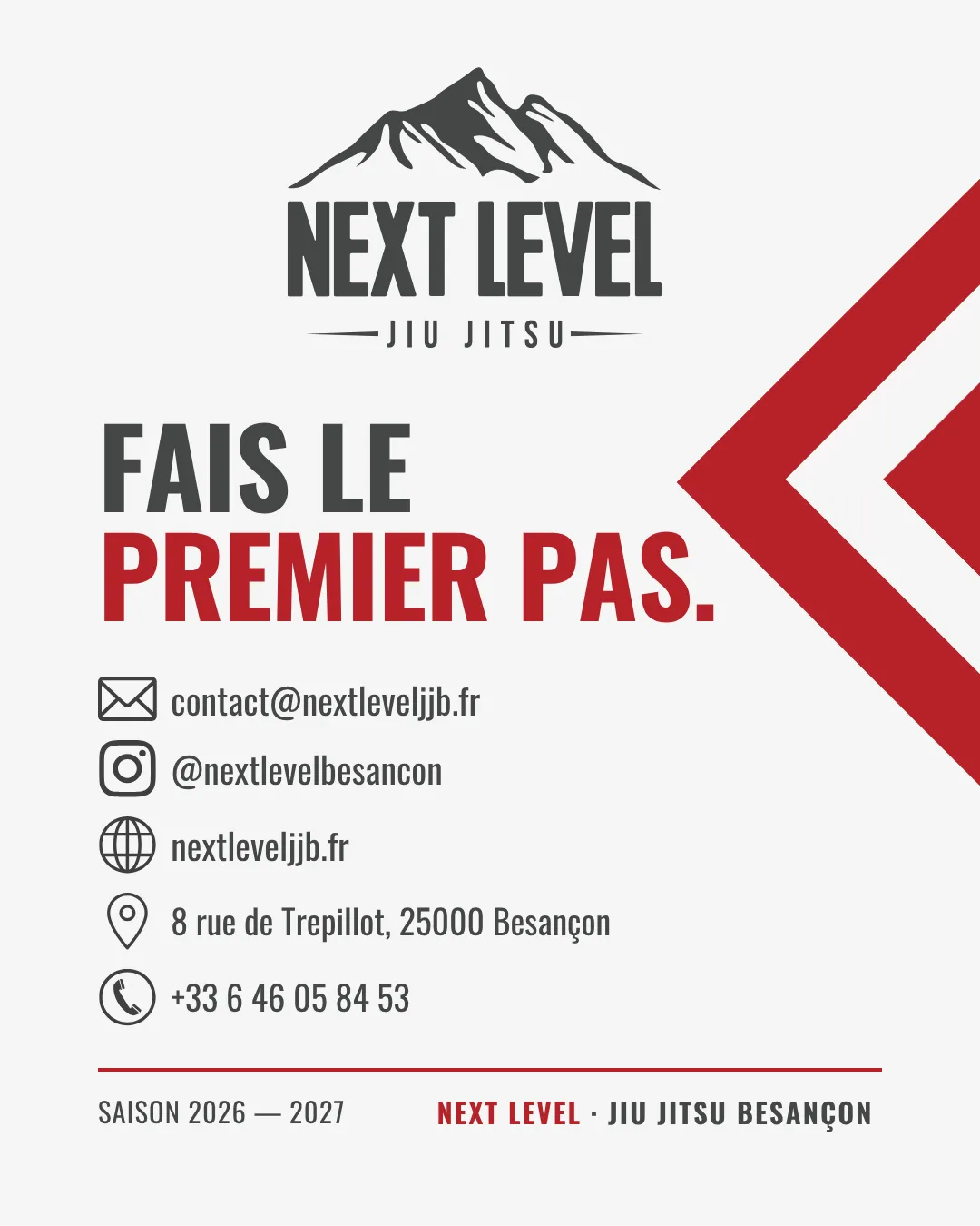 Coordonnées de Next Level Jiu Jitsu Besançon : e-mail, Instagram, site, adresse et téléphone.